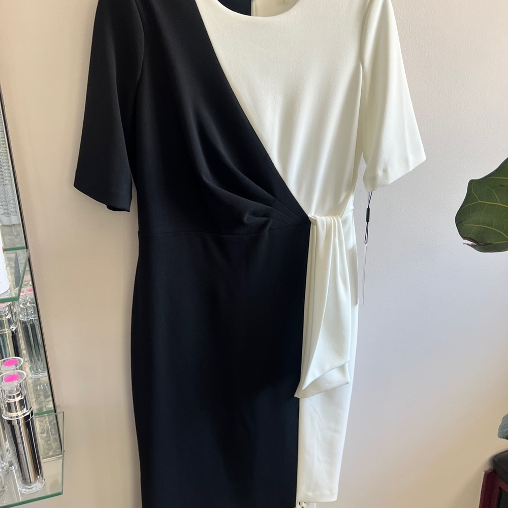 Calvin Klein Black and White Asymmetrical Ruched Sheath Dress